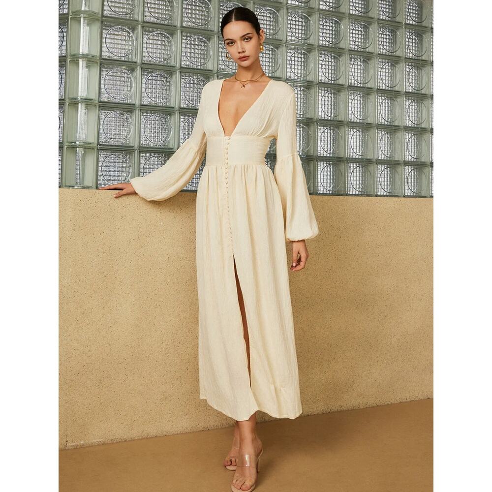 Frenchy Button Split Long Dress